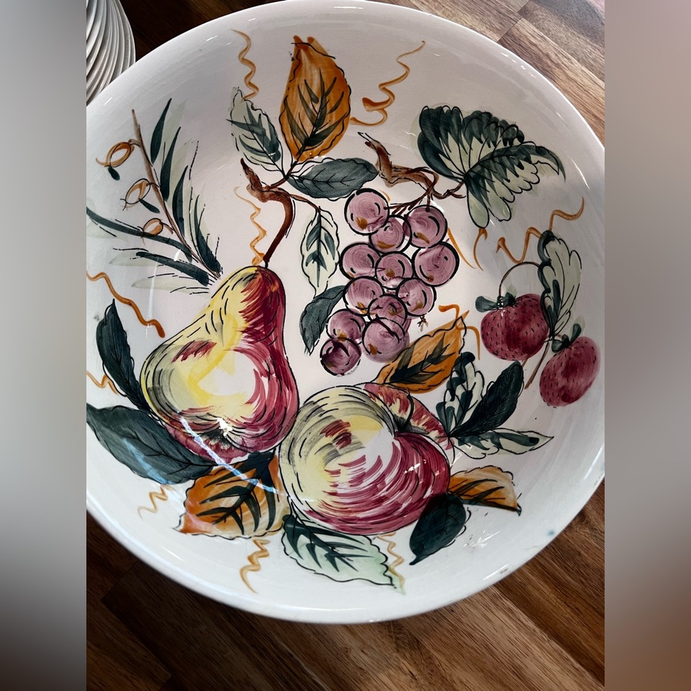 Large Hand-Painted Fruit Serving Bowl (with the two bamboo salad servers inc